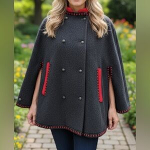 EUROPEAN Vintage Gray Red Felt Embr Trim Pewter Buttons Wool Cape Girl’s 10